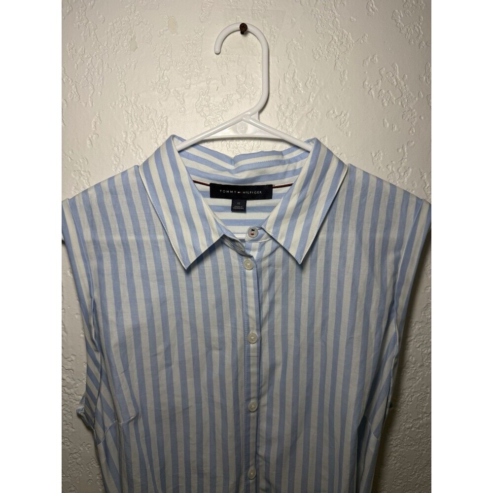 Tommy Hilfiger Striped Shirt Dress Blue White Sleeveless Belted Size 10 - Picture 4 of 6